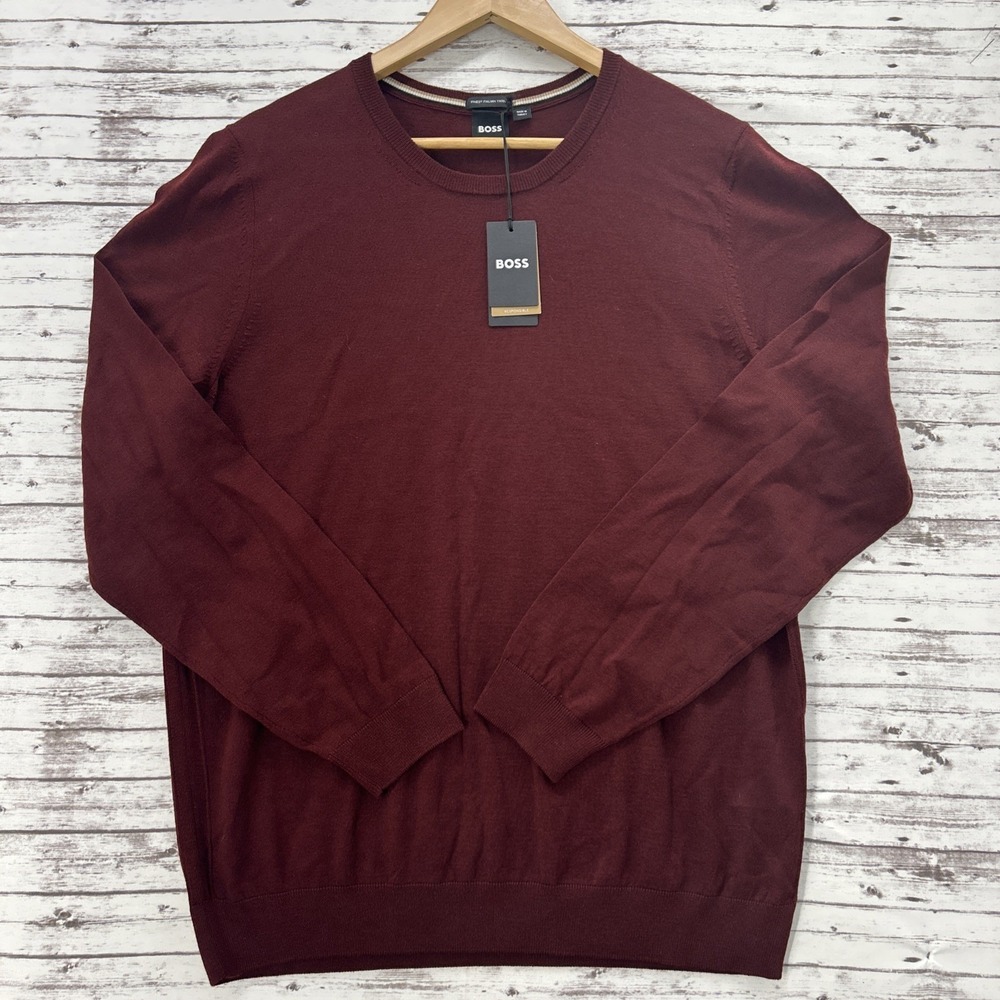 Hugo Boss Men's XL Burgundy Tipped Crewneck Pullover Sweater 100% Virgin Wool